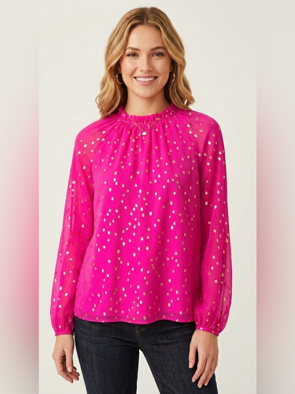 Lilly Pulitzer Hot Pink l Metallic Gold Clip Dot Long Sleeve Blouse Elle Woods